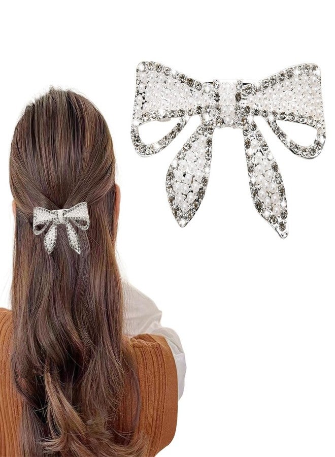 Kefley Rhinestone Pearl Bow Hair Barrettes for Women Sparkling Bling Barrettes for Hair Bows Accessories Metal French Clips Hairpins Decorative Bowknot Clips Pearl Ponytail Holders - Image 1